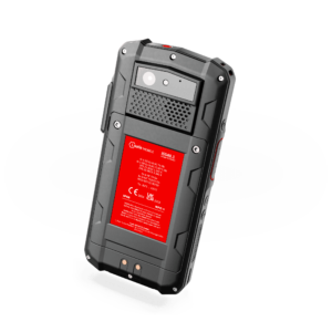Back view of the IS540.1 ATEX Zone 1 certified smartphone, equipped with a 48-megapixel camera for high-quality industrial photography, alongside a replaceable battery integrated with an NFC scanner for versatile functionality.