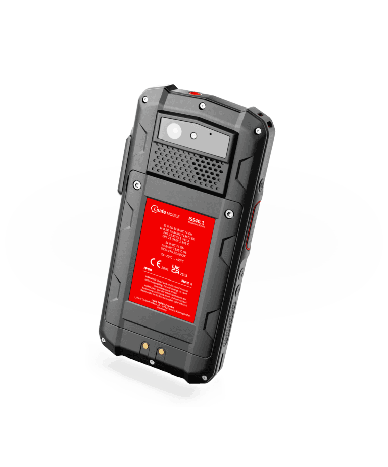 Back view of the IS540.1 ATEX Zone 1 certified smartphone, equipped with a 48-megapixel camera for high-quality industrial photography, alongside a replaceable battery integrated with an NFC scanner for versatile functionality.