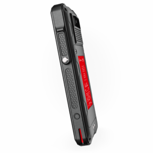 Right side view of the IS540.1 ATEX Zone 1 certified smartphone, illustrating its slim profile and the easy-access side customisable button for camera and the 16-pin ISM interface that provides a secure connection for approved accessories.