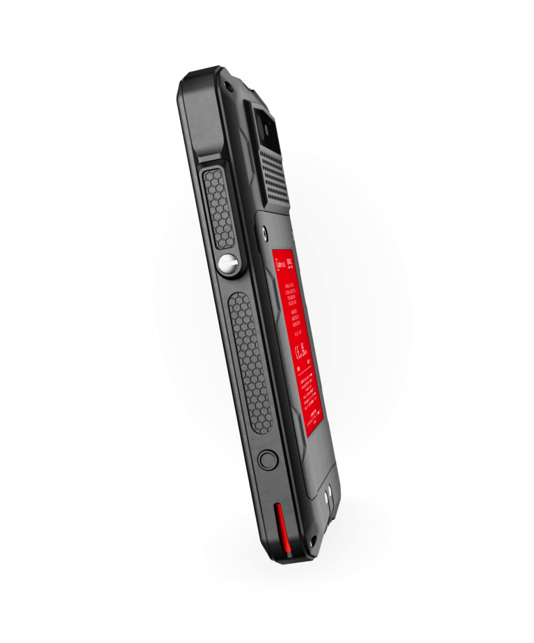 Right side view of the IS540.1 ATEX Zone 1 certified smartphone, illustrating its slim profile and the easy-access side customisable button for camera and the 16-pin ISM interface that provides a secure connection for approved accessories.